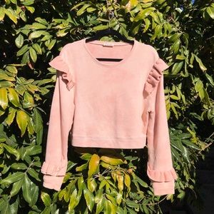 Loveshackfancy pink cotton dyed ruffle cropped pullover knit sweater